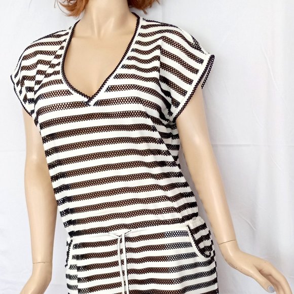 CALVIN KLEIN Black & White Striped Crochet Swim Cover Up Sz S/M - Picture 4 of 8